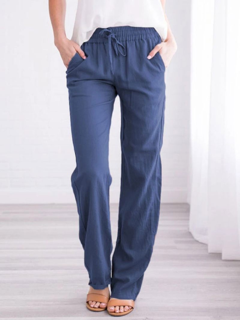 Pantalon Lin Pour Femmes Taille Élastique Poches À Lacets Ample Décontracté Été - Bleu