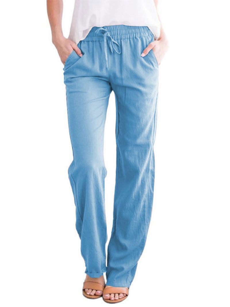 Pantalon Lin Pour Femmes Taille Élastique Poches À Lacets Ample Décontracté Été - Bleu Ciel Clair