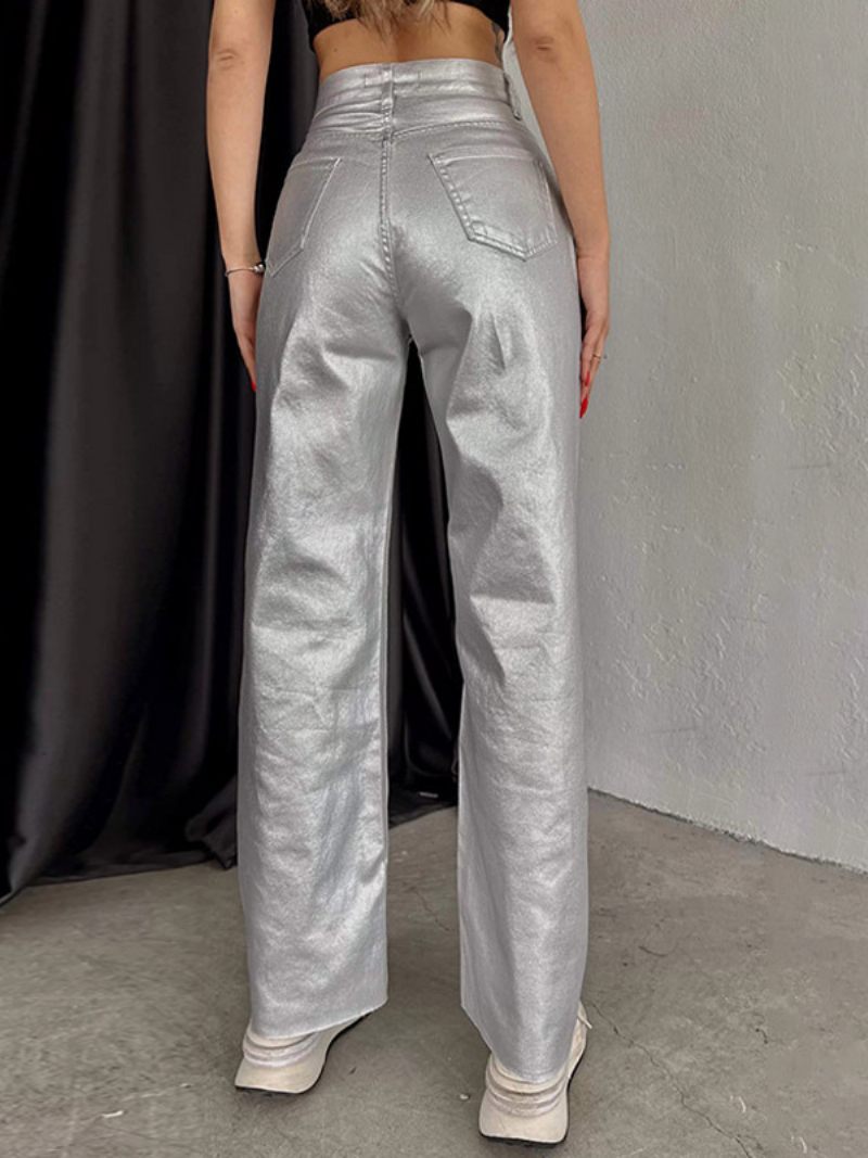 Pantalon Métallique Taille Haute Veste Pour Homme Large Femme - Argent