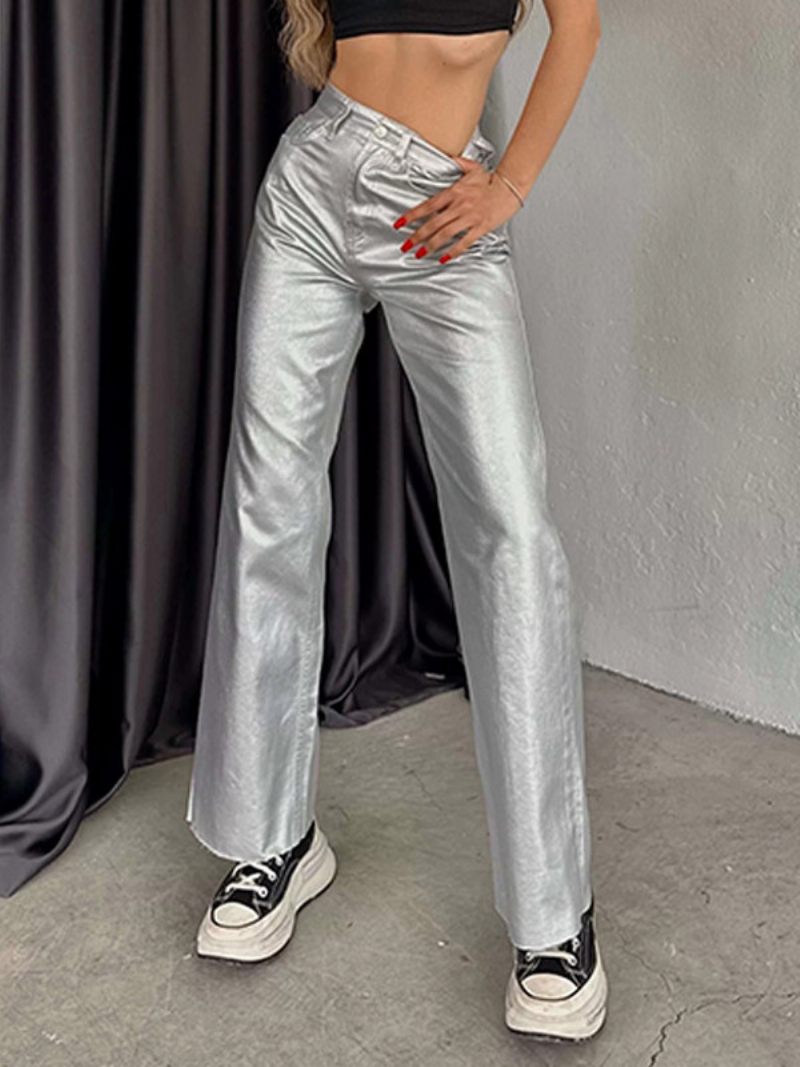 Pantalon Métallique Taille Haute Veste Pour Homme Large Femme - Argent