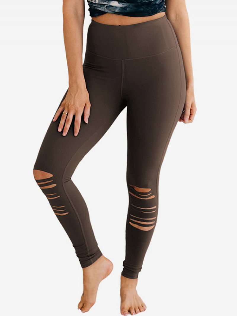 Pantalon Skinny Découpé Taille Haute Pour Femme Décontracté Couleur Unie - Marron Café