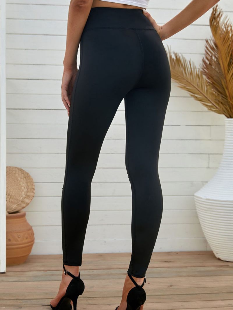 Pantalon Skinny Découpé Taille Haute Pour Femme Décontracté Couleur Unie - Noir