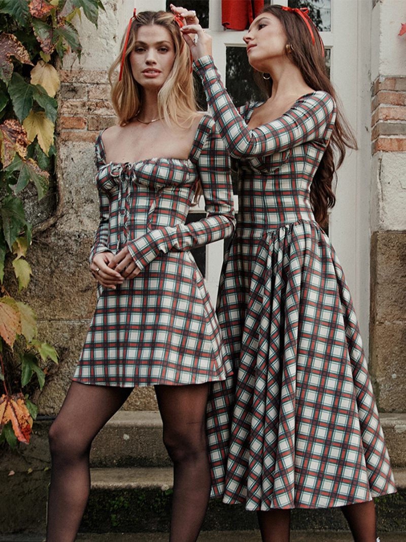 Robe À Carreaux Vintage Pour Femmes Manches Longues Dos Nu Robes Décontractées Quotidiennes - Vert