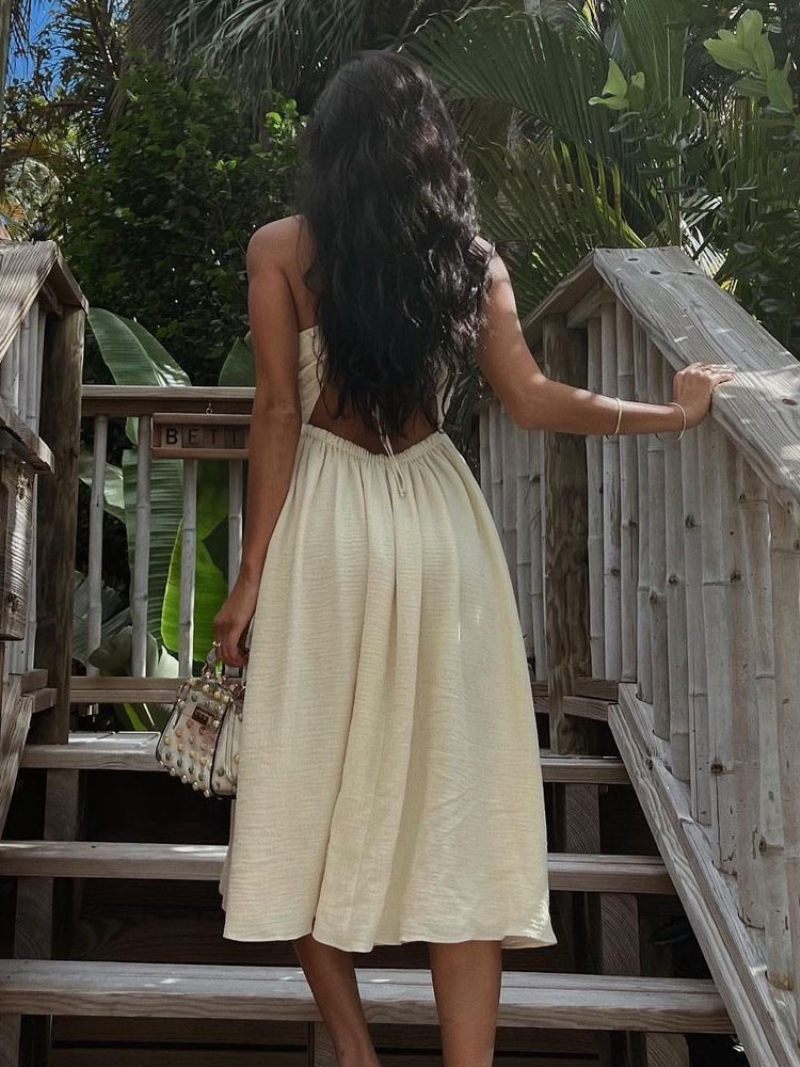 Robe D'été Anniversaire Femme Écru Blanc Col V Plage - Beige