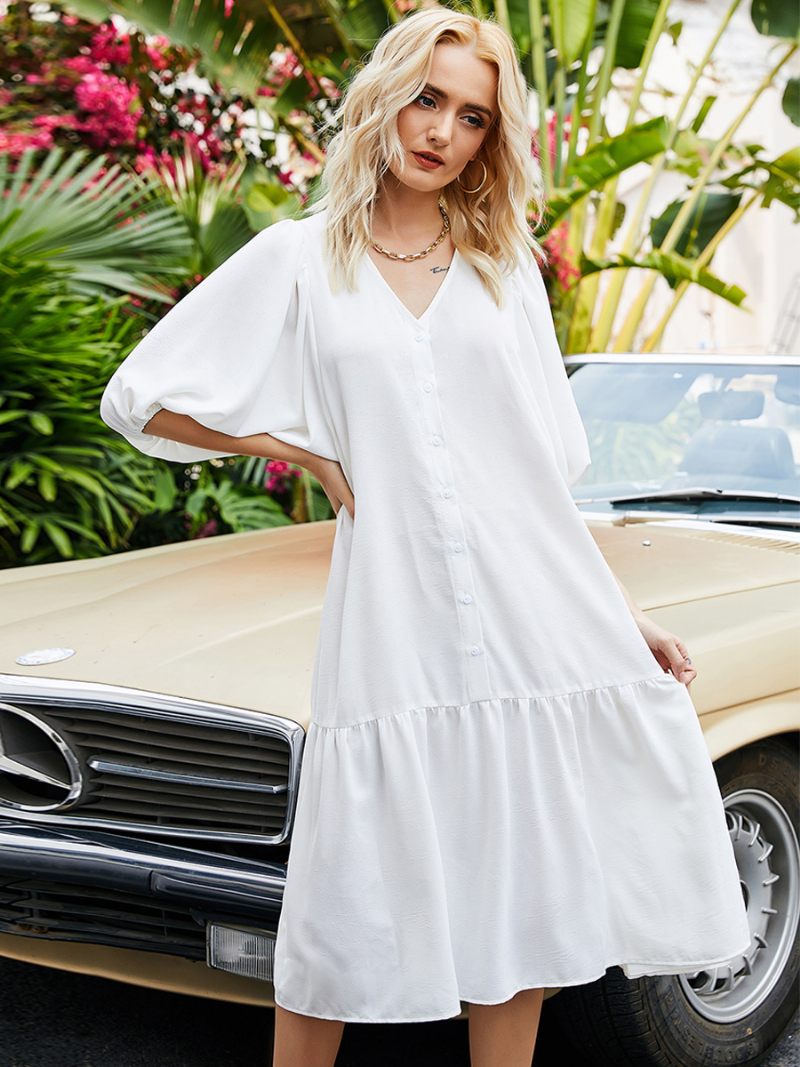 Robe D'été Femme Mi-longue Blanc Col V Boutons Plage Polyester - Blanc