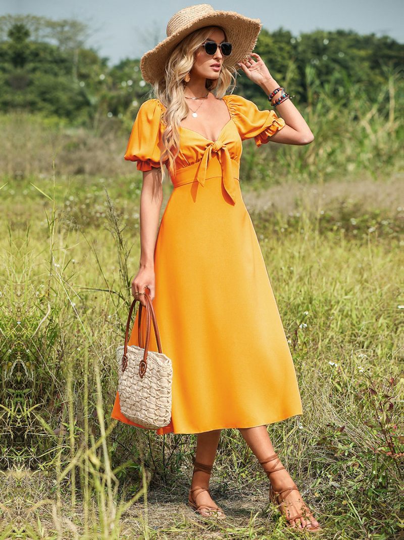 Robe D'été Pour Femmes Col Cœur Plissée Nouée Vert Pastel Plage Moyenne - Jaune