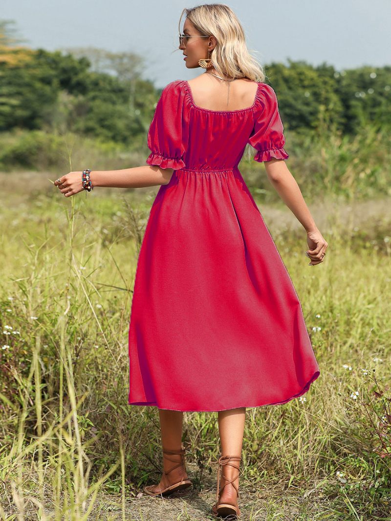 Robe D'été Pour Femmes Col Cœur Plissée Nouée Vert Pastel Plage Moyenne - Rouge