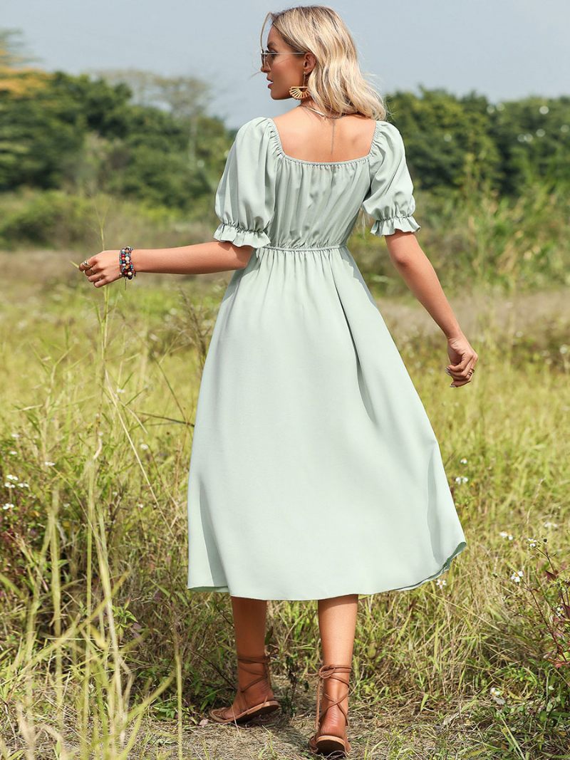 Robe D'été Pour Femmes Col Cœur Plissée Nouée Vert Pastel Plage Moyenne - Vert Pastel