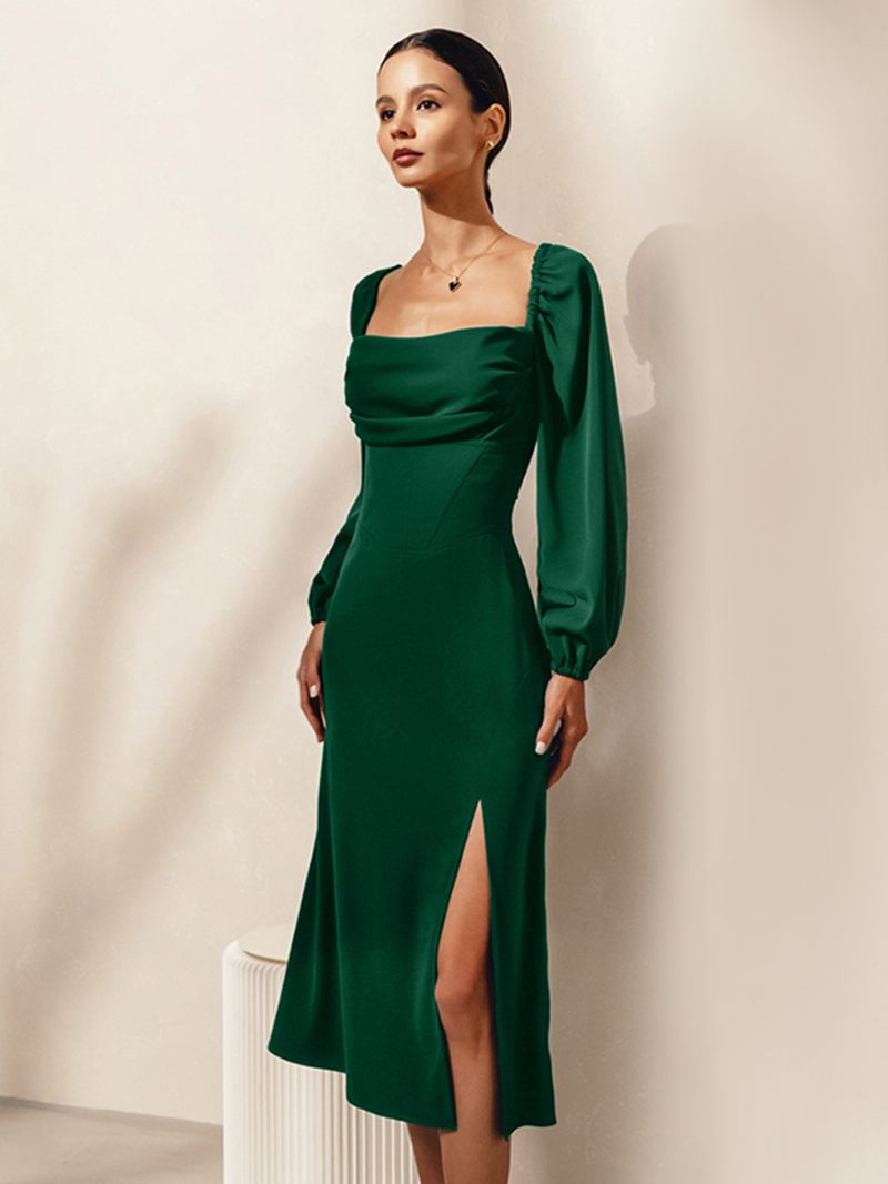 Robe Fendue Sexy Pour Femmes Col Carré Lacets Dos Nu Fête D'anniversaire Bal Robes Mi-longues - Vert