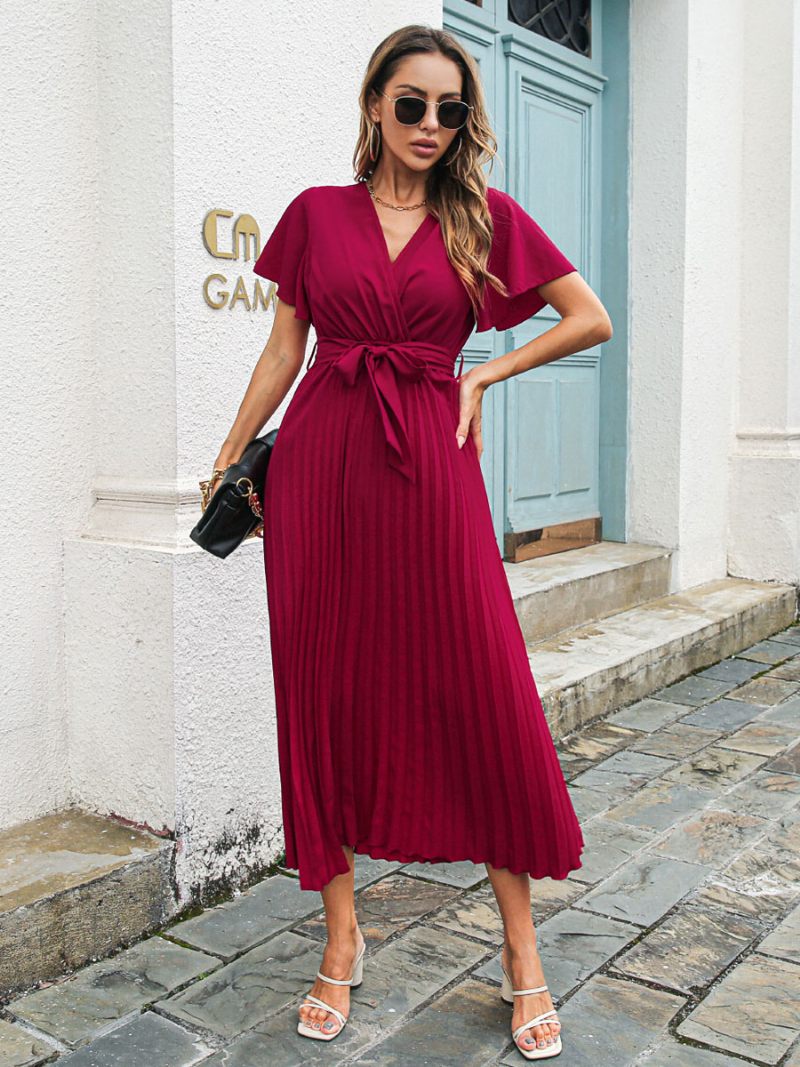 Robe À Lacets La Mode Pour Femmes Col V Manches Courtes Mi-longue - Bourgogne