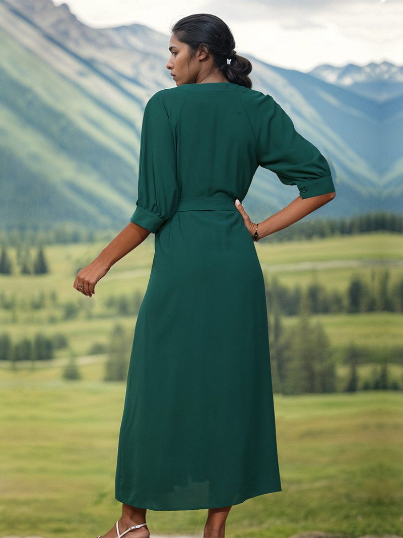 Robe Longue Décontractée À Col V Pour Femme Avec Ceinture Et Demi-manches - Vert