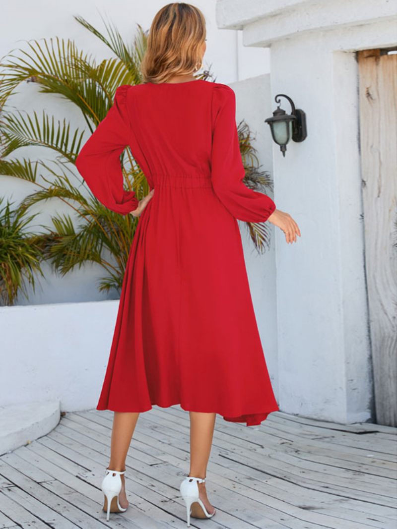 Robe Longue Pour Femmes Col Bijou Manches Longues - Rouge