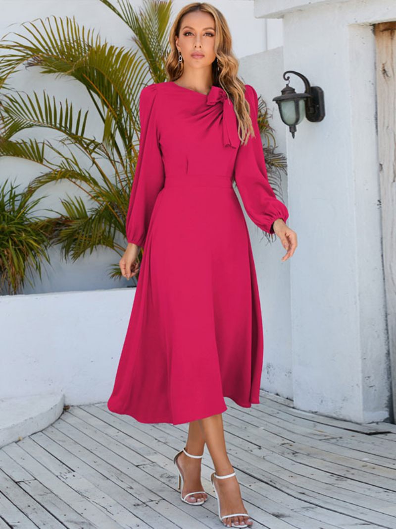 Robe Longue Pour Femmes Col Bijou Manches Longues - Rose