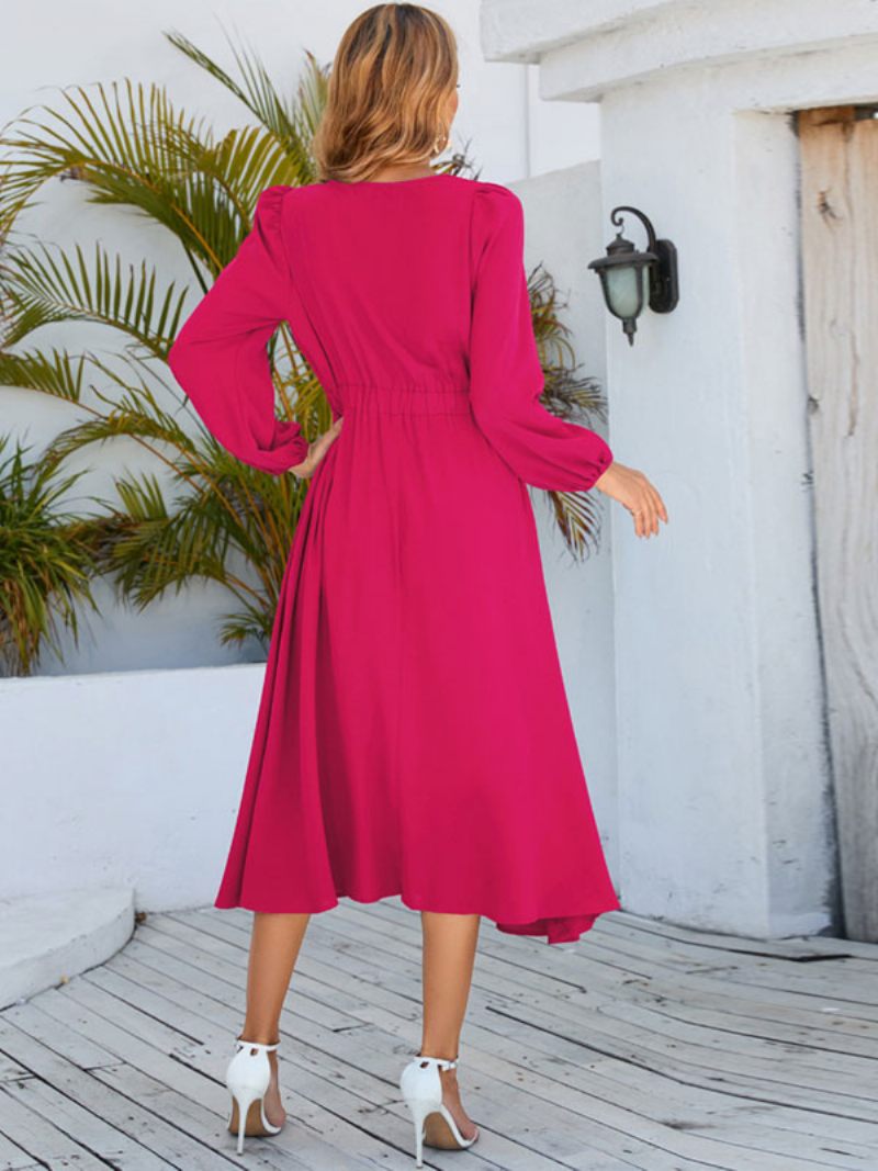 Robe Longue Pour Femmes Col Bijou Manches Longues - Rose