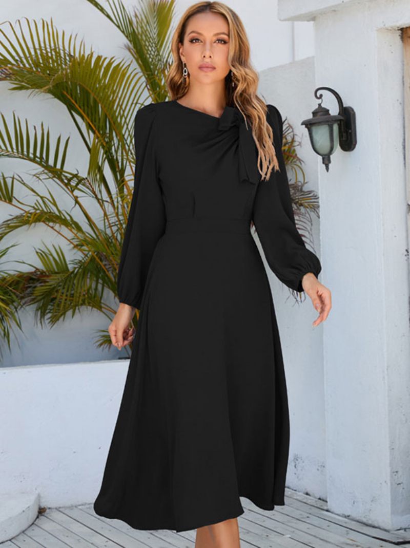 Robe Longue Pour Femmes Col Bijou Manches Longues - Noir