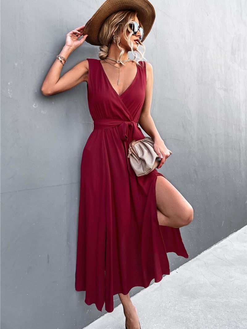 Robe Longue Sans Manches À Col V Pour Femme