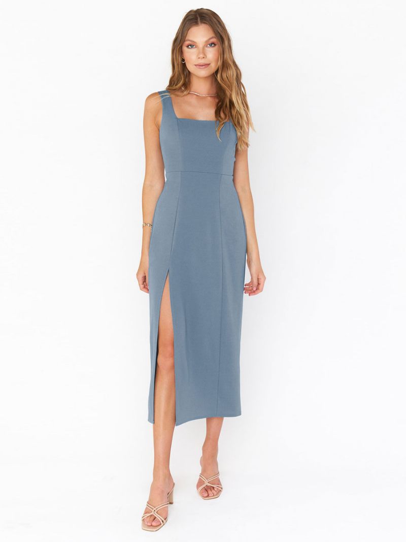 Robe Mi-longue Décontractée Sans Manches Fendue Sur Le Devant Fente Basse Col Carré Pour Femmes - Bleu Gris