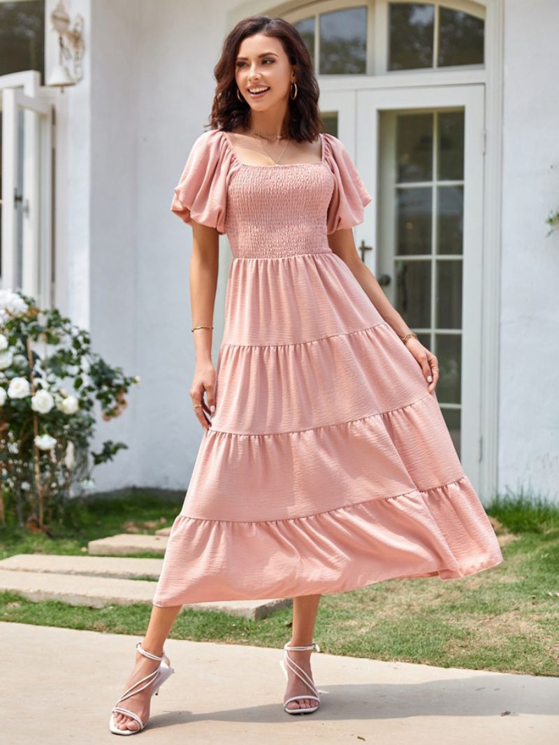 Robe Mi-longue D'été Pour Femmes Rose Col Bateau Plage Plissée