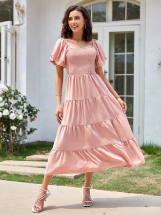 Robe Mi-longue D'été Pour Femmes Rose Col Bateau Plage Plissée