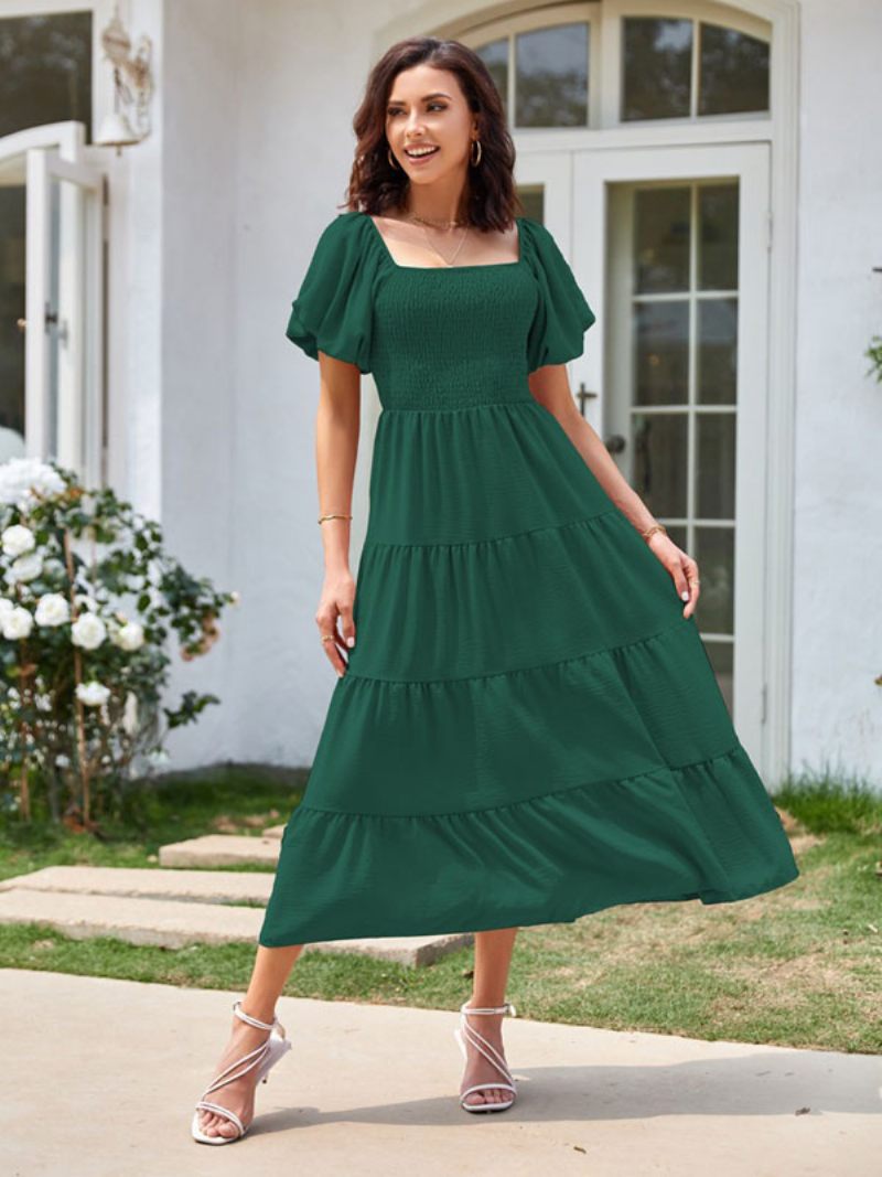 Robe Mi-longue D'été Pour Femmes Rose Col Bateau Plage Plissée - Vert