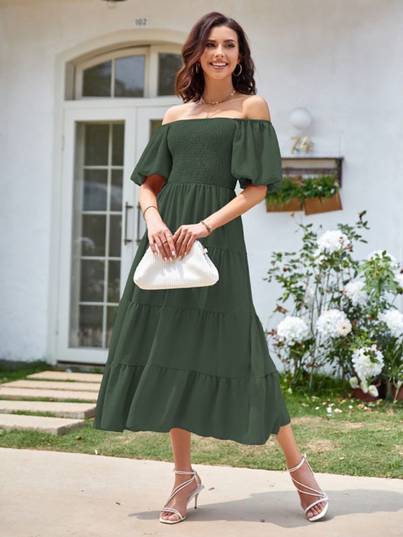 Robe Mi-longue D'été Pour Femmes Rose Col Bateau Plage Plissée - Vert Chasseur