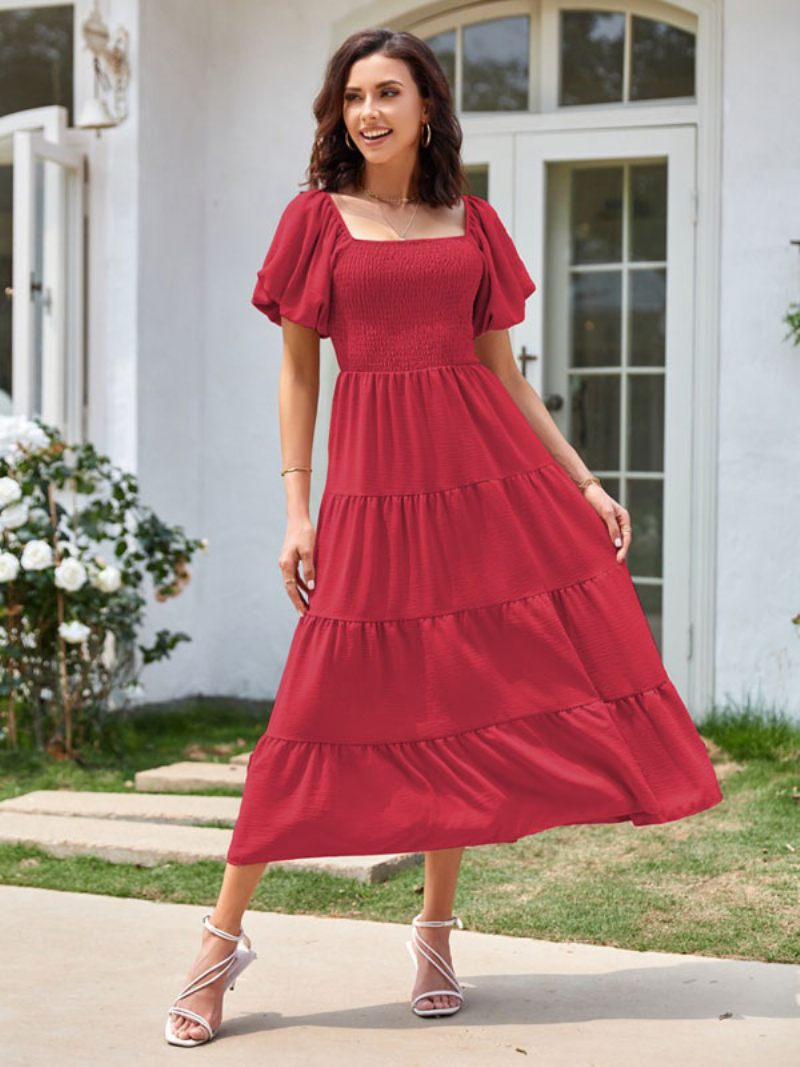 Robe Mi-longue D'été Pour Femmes Rose Col Bateau Plage Plissée - Rouge