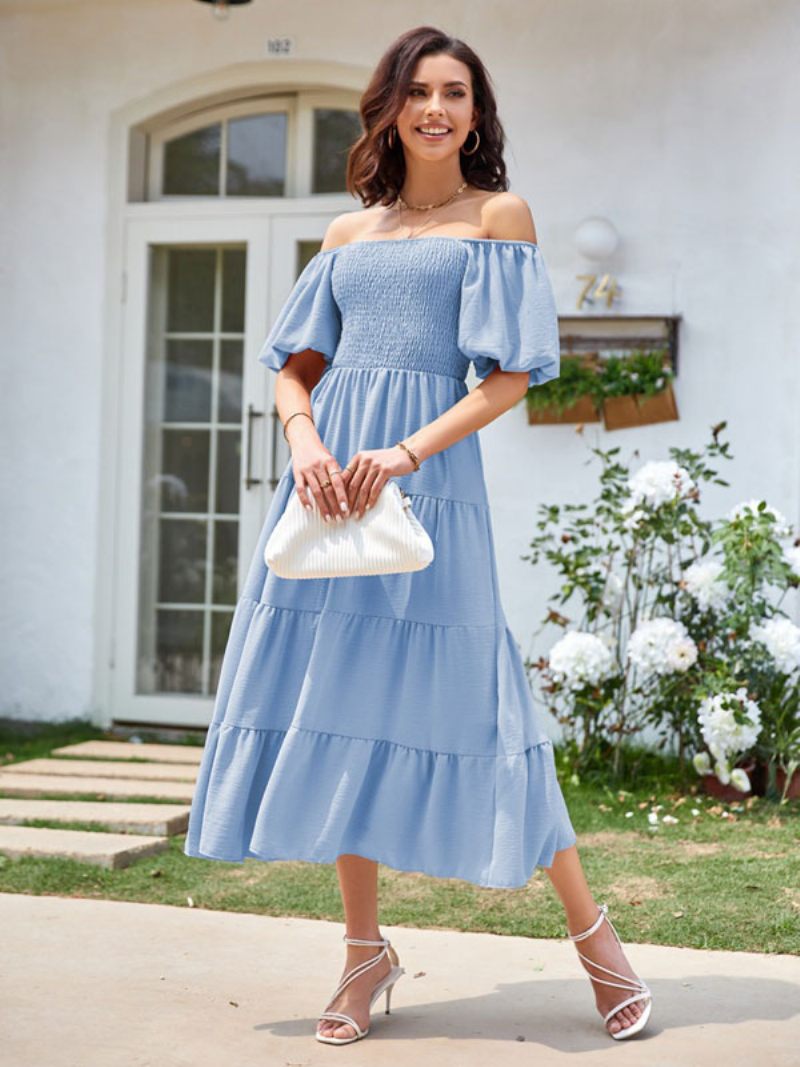 Robe Mi-longue D'été Pour Femmes Rose Col Bateau Plage Plissée - Bleu Ciel Clair