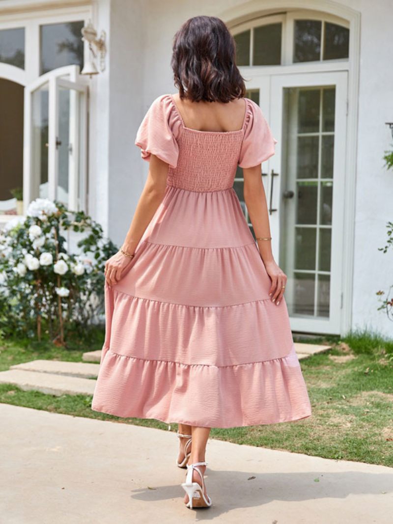 Robe Mi-longue D'été Pour Femmes Rose Col Bateau Plage Plissée - Rose