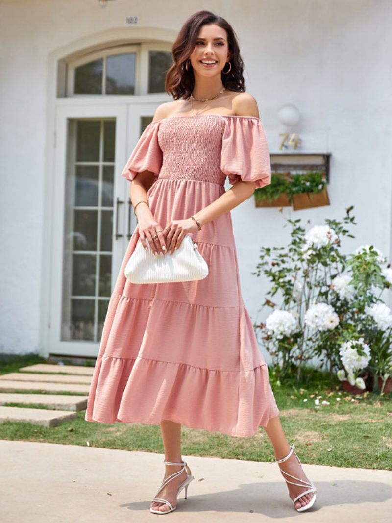 Robe Mi-longue D'été Pour Femmes Rose Col Bateau Plage Plissée - Rose