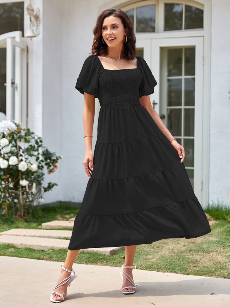 Robe Mi-longue D'été Pour Femmes Rose Col Bateau Plage Plissée - Noir