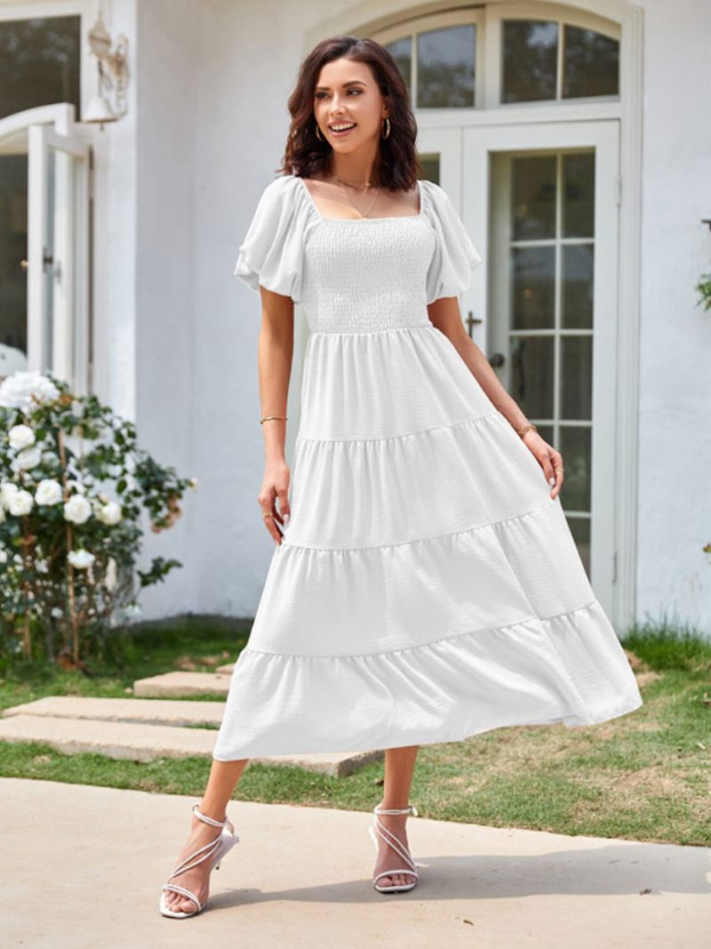 Robe Mi-longue D'été Pour Femmes Rose Col Bateau Plage Plissée - Blanc