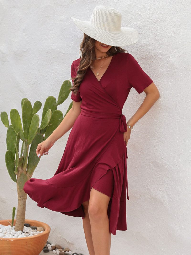 Robe Mi-longue D'été Pour Femmes Rouge Col V Volants Plage