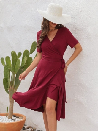 Robe Mi-longue D'été Pour Femmes Rouge Col V Volants Plage