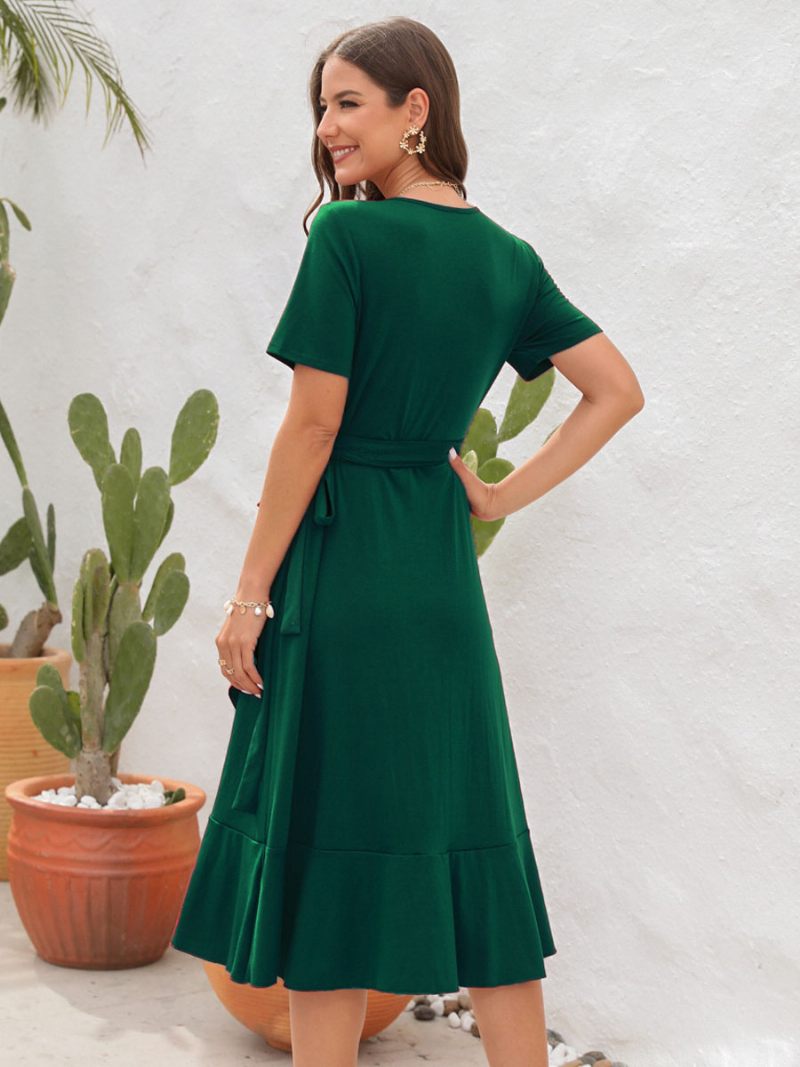 Robe Mi-longue D'été Pour Femmes Rouge Col V Volants Plage - Vert