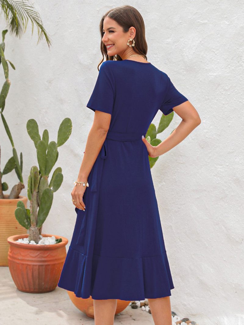 Robe Mi-longue D'été Pour Femmes Rouge Col V Volants Plage - Bleu