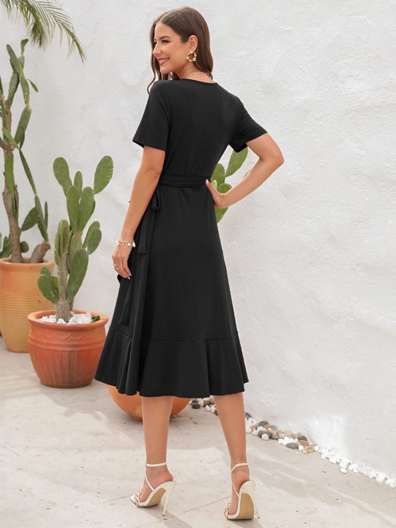 Robe Mi-longue D'été Pour Femmes Rouge Col V Volants Plage - Noir