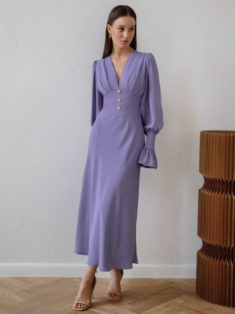 Robe Mi-longue Mousseline Soie Pour Femmes Col V Manches Lanternes Boutons Couleur Unie - Violet