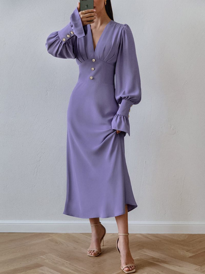 Robe Mi-longue Mousseline Soie Pour Femmes Col V Manches Lanternes Boutons Couleur Unie - Violet