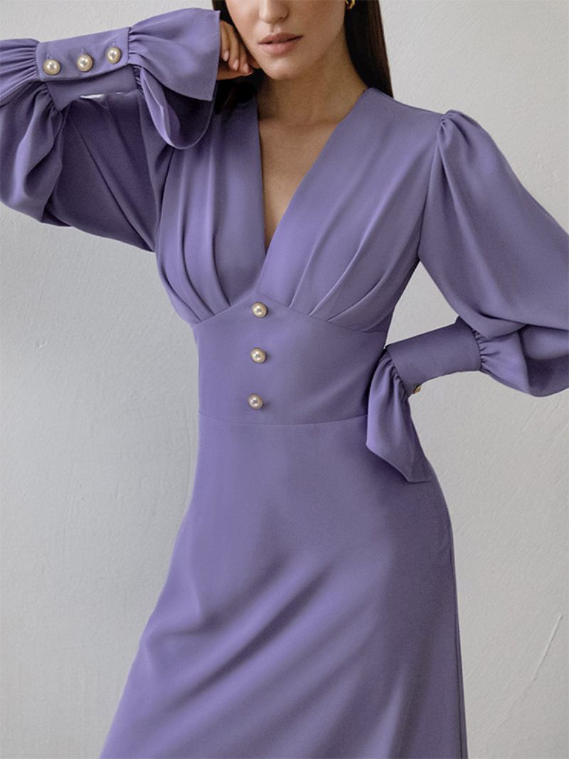 Robe Mi-longue Mousseline Soie Pour Femmes Col V Manches Lanternes Boutons Couleur Unie - Violet