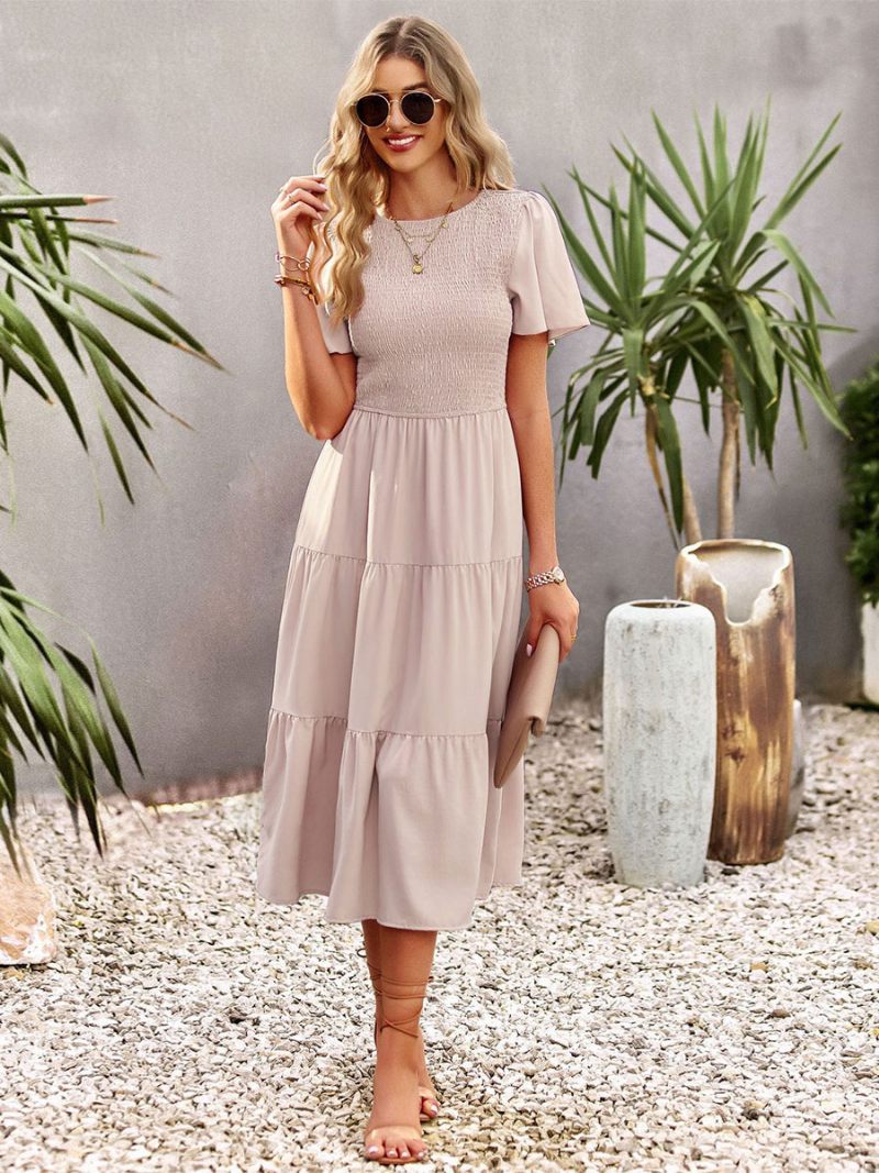 Robe Midi Décontractée À Col Bijou Et Manches Courtes Pour Femmes