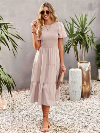 Robe Midi Décontractée À Col Bijou Et Manches Courtes Pour Femmes