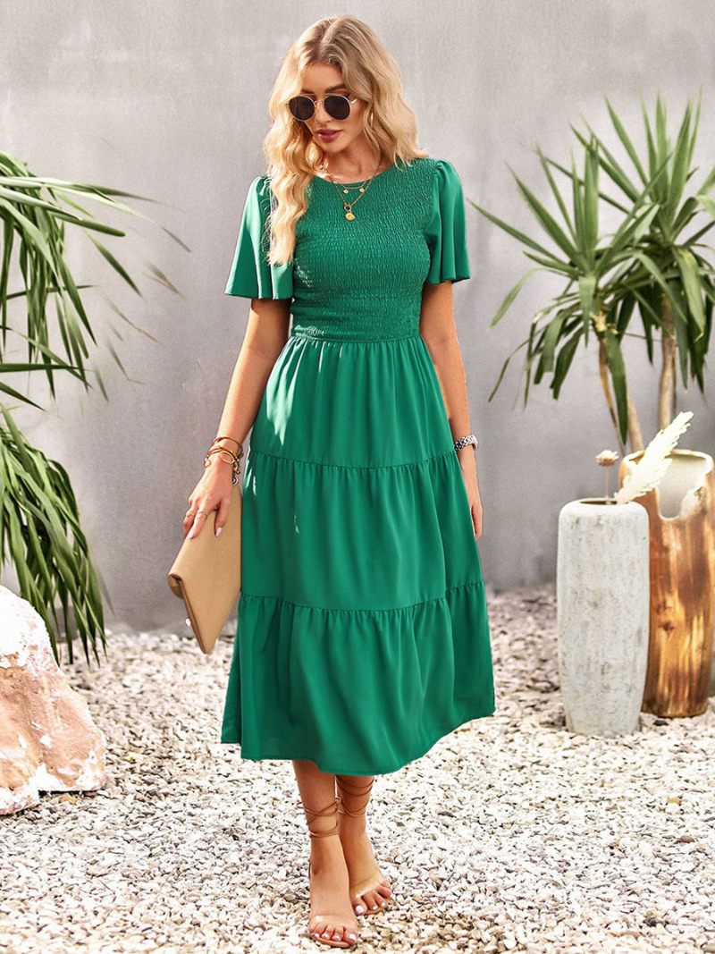 Robe Midi Décontractée À Col Bijou Et Manches Courtes Pour Femmes - Vert