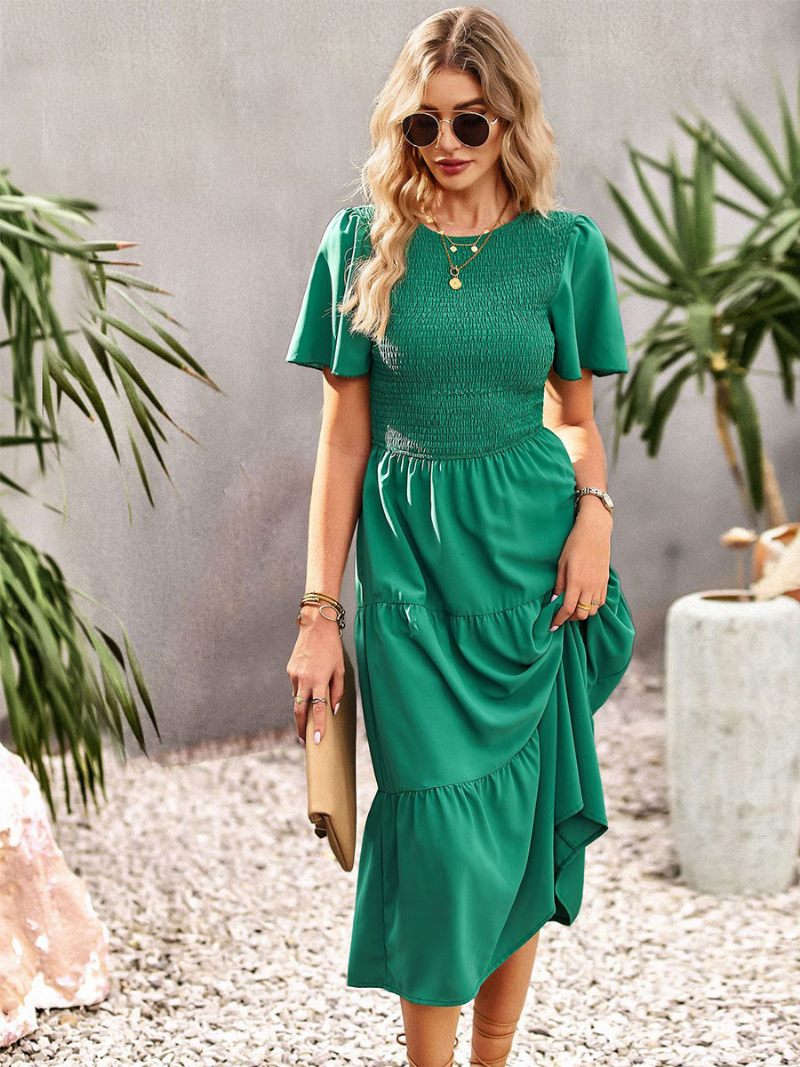 Robe Midi Décontractée À Col Bijou Et Manches Courtes Pour Femmes - Vert