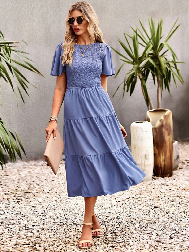 Robe Midi Décontractée À Col Bijou Et Manches Courtes Pour Femmes - Bleu