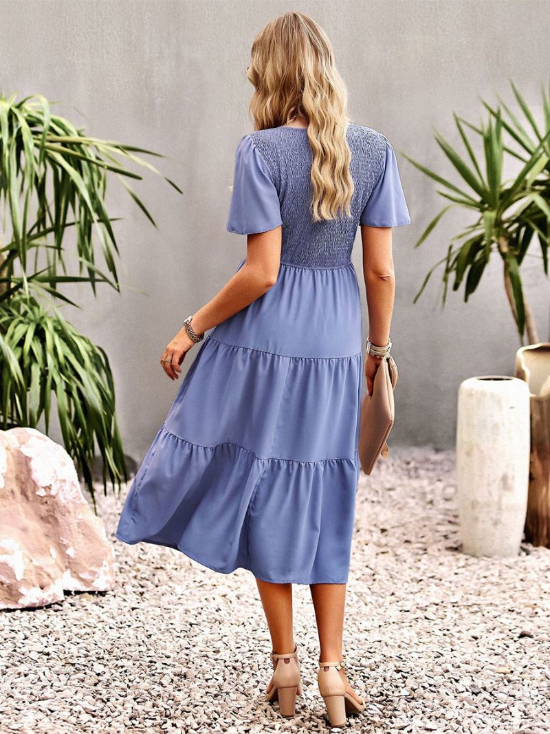 Robe Midi Décontractée À Col Bijou Et Manches Courtes Pour Femmes - Bleu