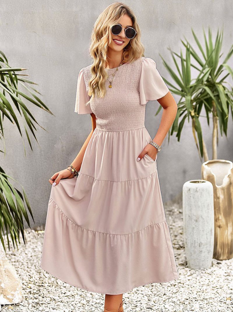 Robe Midi Décontractée À Col Bijou Et Manches Courtes Pour Femmes - Rose