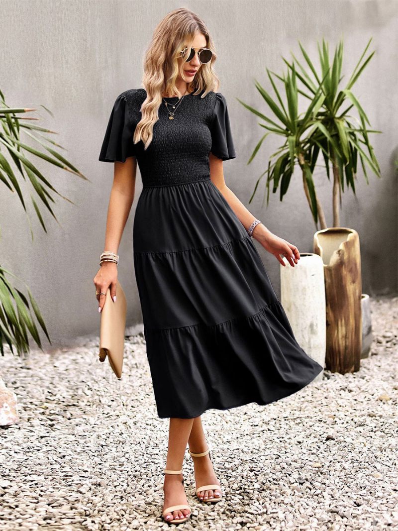 Robe Midi Décontractée À Col Bijou Et Manches Courtes Pour Femmes - Noir