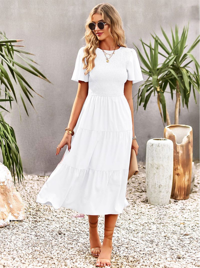 Robe Midi Décontractée À Col Bijou Et Manches Courtes Pour Femmes - Blanc