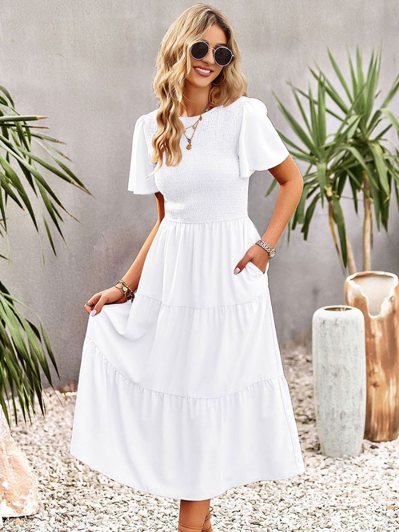 Robe Midi Décontractée À Col Bijou Et Manches Courtes Pour Femmes - Blanc