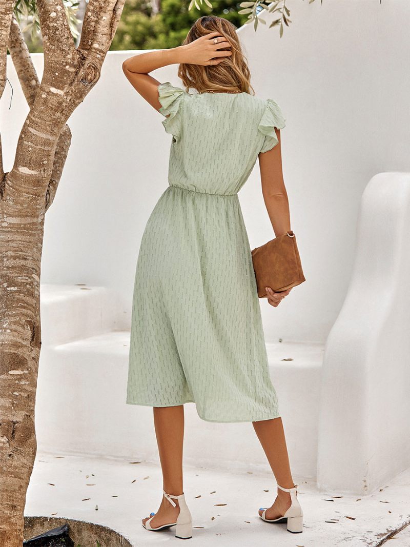 Robe Midi Décontractée À Col V Et Manches Courtes Pour Femmes - Vert Clair